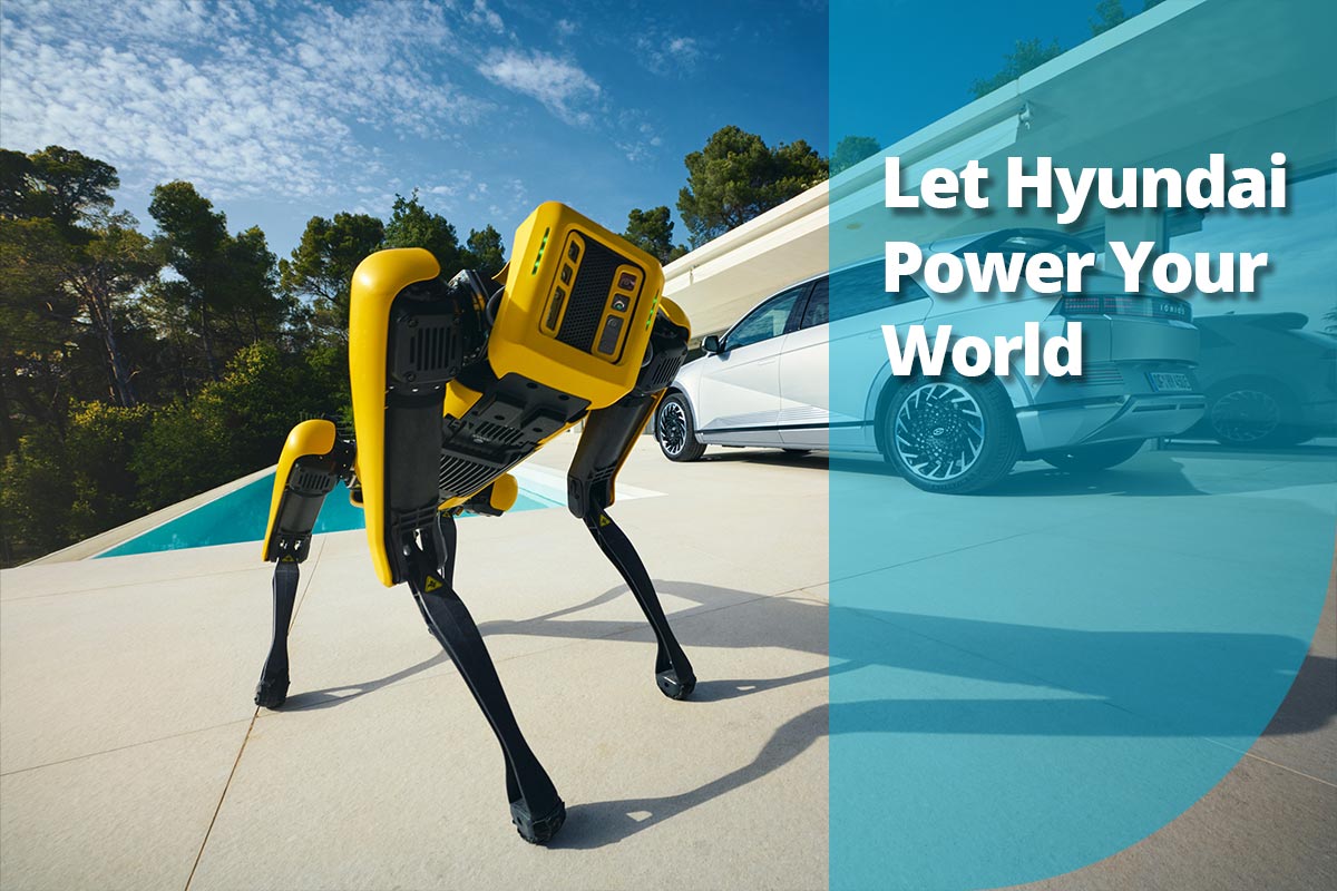 Hyundai Robo Dog steht vor einem Pool mit Hyundai Ioniq 5