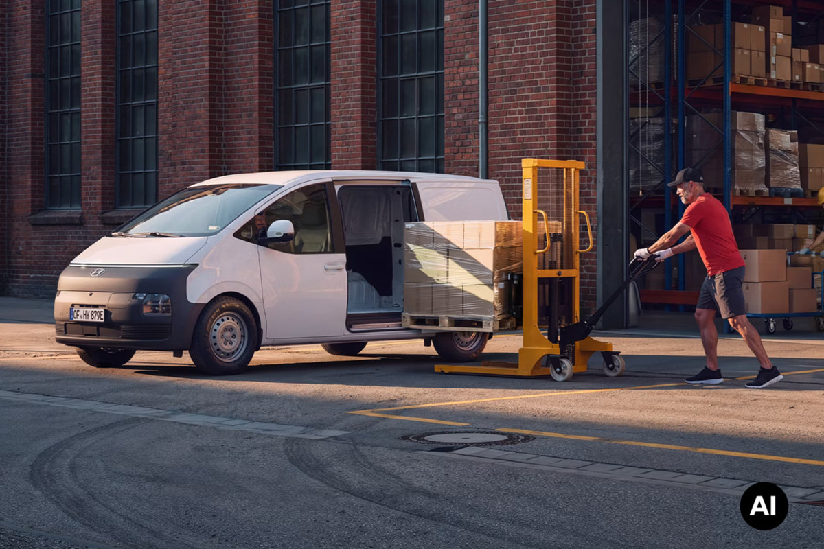 Ein Handwerker belädt den Staria von der Seite mit Material